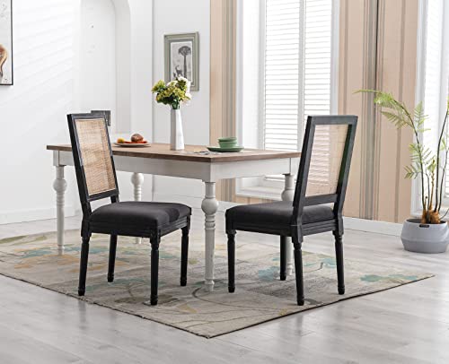 Zhenghao Rattan Dining Chairs Set Of 6, Farmhouse Black Dining Room Chairs With Rectangle Cane Back, French Country Kitchen Chairs Upholstered Wood Chair For Living Room/Restaurant #TOP6