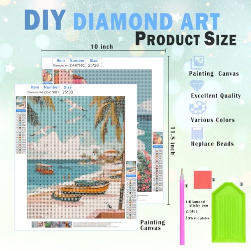XUNLURY Retro Coastal Beach Diamond Art Kits 2 Pcs, Tropical Palm Tree Seaside Town Diamond Painting Kits for Adults Beginners, Full Drill Diamonds Dots for Home Decor, 9.8x11.8 Inch — view 2
