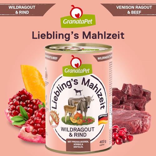 GranataPet Liebling's Mahlzeit Wildragout & Rind, Nassfutter für Hunde, Hundefutter ohne Getreide & ohne Zuckerzusätze, Alleinfuttermittel, 6 x 400 g