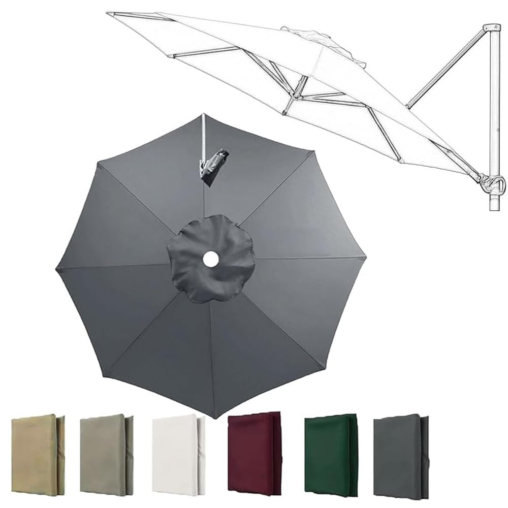 11ft 8Rib Cantilever Parasol Replacement Canopy 10ft 11.5ft Round Offset Umbrella Canopy Patio Yard Pool Parasol Replacement Fabric(Grey,300cm/10ft)