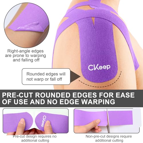 Image of CKeep Kinesiology Tape, 2 Rolls 2 Inch Wide Elastic Precut Strips, Purple | Cotton Latex Free Hypoallergenic Breathable Athletic Tape, Sticky & Waterproof Kinetic Tape for Joint Support Injury & Sprain