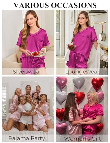 Image of Silk Pajamas for Women Short Sleeve Satin 2 Piece Pj Set Soft V Neck Sleepwear Loungewear, S-XXL