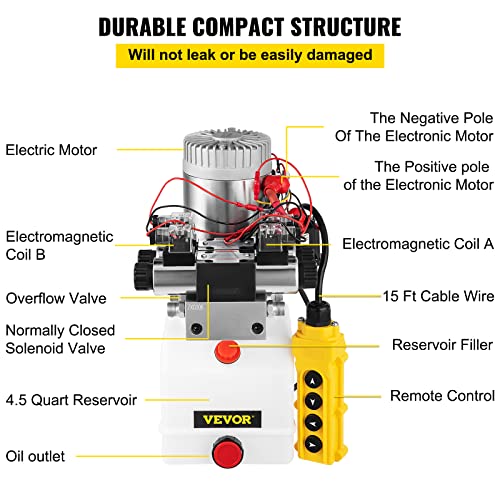 Image of VEVOR Hydraulic Pump Double Acting 4 Way Hydraulic Power Unit Double Solenoid Hydraulic Power Pack 12V DC Hydraulic Power Pump with 4.5Liter Reservoir for Dump Trailer Car Lifting