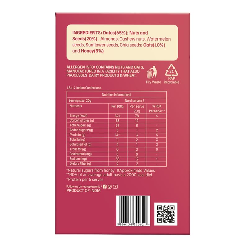 Image of Eatopia Dates & Nuts Protein Bars without Sugar | 14g Protein per 100g | No Preservatives & Refined Sugar | Dry Fruits Energy Bars | Healthy Food | Oats, Honey, Nuts & Seeds | Fruit Bites | Pack of 2 (5 Minis per Box)