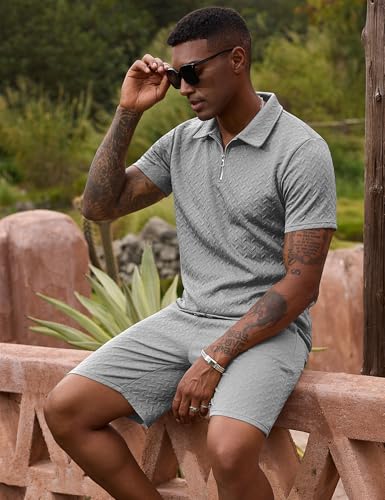 Image of URRU Mens Textured Polo Shirt and Shorts Sets Outfits 2 Piece Summer Tracksuits Casual Quarter Zip Golf Polo Shirts
