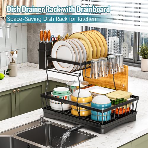 StowBin Abtropfgestell Geschirr mit 2 Ebenen - Geschirrständer mit Utensilienhalter für Küchentheke, große Kapazität, platzsparendes Abtropfgestell mit Abtropffläche, Schwarz