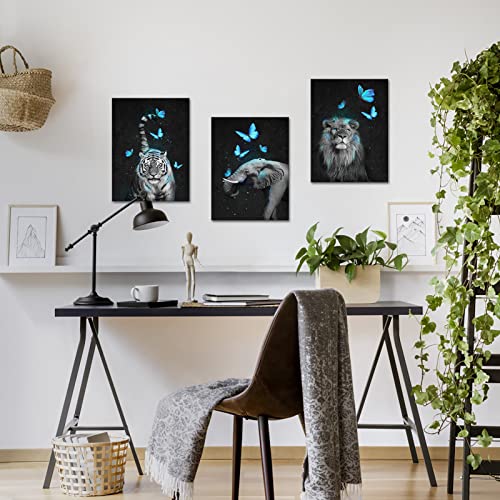 Conipit Black And White African Animal Wall Art Elephant Lion Tiger Pictures Animal With Teal Butterfly Painting Canvas (12"X16"X3 Panels) #TOP7