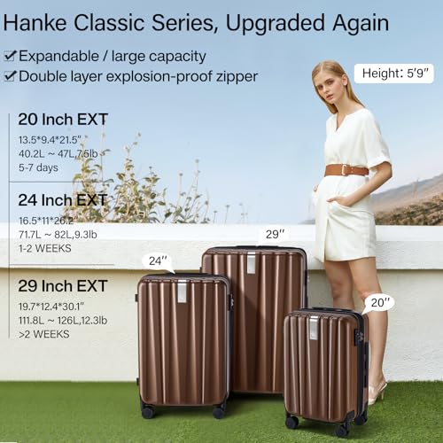 Hanke Expandable Hard Shell Luggage Sets 2 piece Carry on Luggage with Wheels Suitcases Lightweight Checked TSA Luggage Rolling Large Suitcase Travel Luggage Bag Woman Men 20/29 Inch(Brown)2