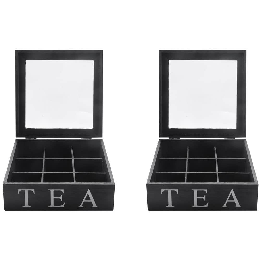 Hndhbfgrt 2X Wooden 9 Grids Tea Box Tea Bags Container Storage Box Square Gift Box Case Transparent Top Lid Black