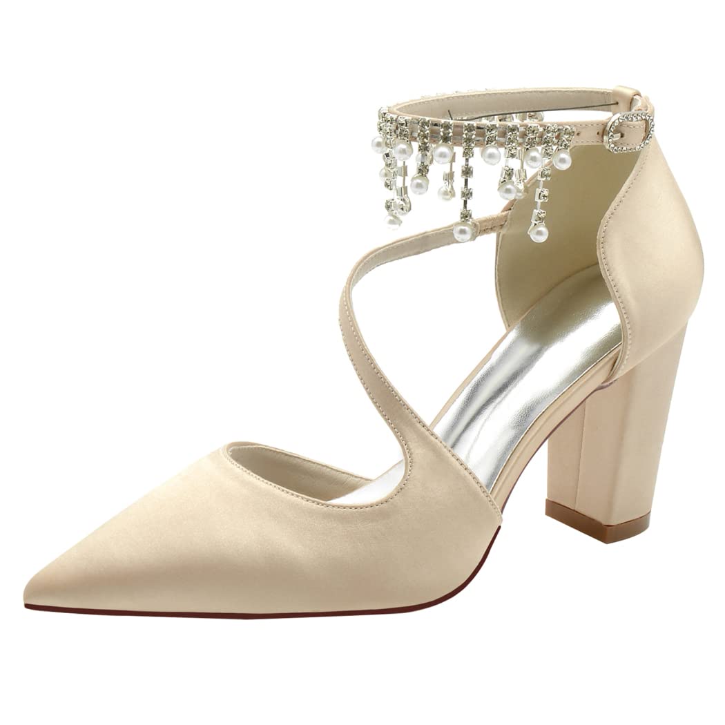 champagne dress shoes womens 8.5Cm Women's High Heel Closed Toe Chunky Wedding Pumps Satin Pointed Toe Pumps Office Shoes for Women Ankle Strap Buckle, Champagne,9.5 US : Clothing, Shoes & Jewelry Color:grape purple ND-043 Blue eyelet dress: affordable Ivory SIZES AVAILABLE