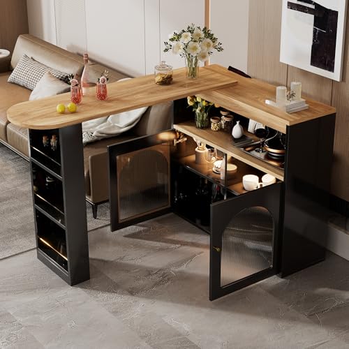 Fppuueg Mesa de Bar Extensible Giratoria con Luz LED y Espacio de Almacenamiento, Mesa de Comedor Extensible Moderna con Puerta de Cristal, Aparador, Mesa Alta, Bar en Casa, 138-193x39x105 cm, Negro