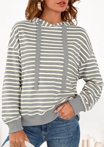 KIRUNDO Womens Striped Hoodies Sweatshirt 2026 Fall Long Sleeve Color Block Drawstring Casual Loose Pullover Top Y2K Clothes(Grey, X-Large) — view 5