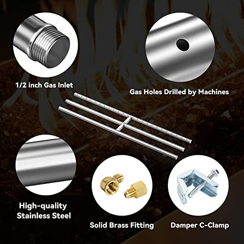 Image of Skyflame 24 inch x 6 inch Rectangular Gas Fire Pit and Fireplace H-Burner with 3 Pipes - 304 Stainless Steel - for Indoor & Outdoor Use