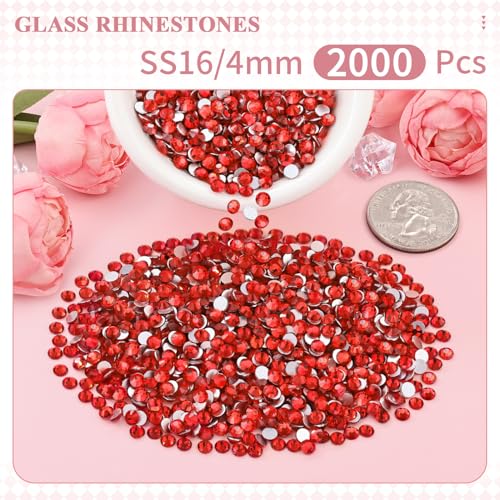 Image of 2000PCS SS16 /4mm Crystal Glass Rhinestones for Bedazzling (Light Red) | Flatback Rhinestones for Crafting DIY Crafts Nail Art Makeup, Light Siam Gems Diamond Charms for Tumbler Shoes Clothing Mug