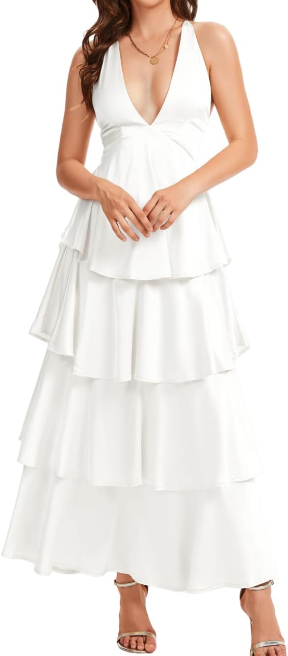 ShawGobow Ruffle Tiered Maxi Dress,Deep V Backless Satin Formal Dresses Women,Homecoming Cocktail Wedding Guest Outfits