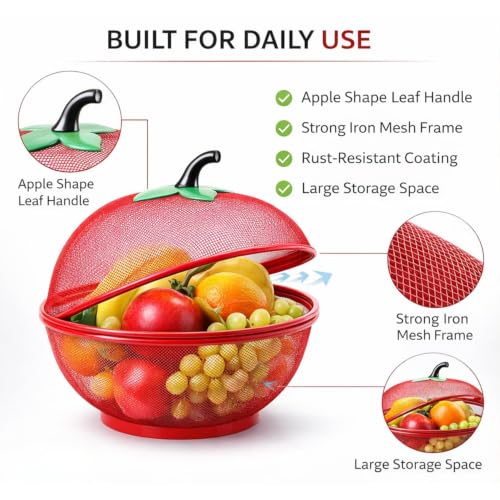 Image of Owlex Apple-Shaped Fruit & Vegetable Basket with Protective Net Mesh Cover | Decorative Kitchen Storage Stand for Dining Table & Countertop | Multipurpose Fruit Organizer | Red, Medium (Pack of 1)