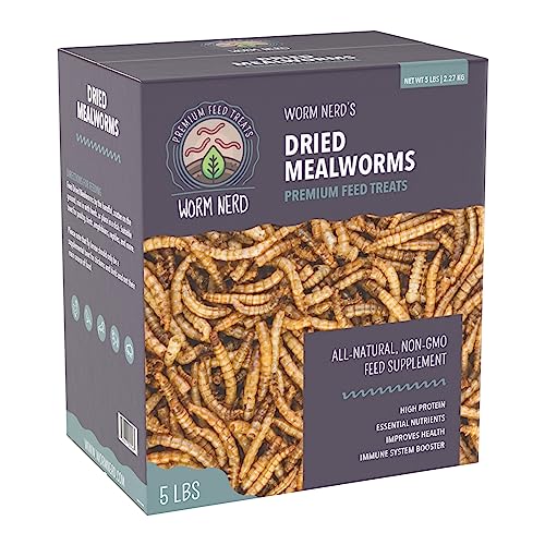 Worm Nerd WN60 5LB Dried Mealworms Non-GMO High Protein and Fiber Treat for Chickens, Birds, Reptiles, Amphibians, Fish