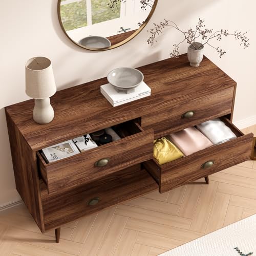 CARPETNAL Walnut Brown Dresser for Bedroom, 6 Drawer Dresser with Wide Drawers and Metal Knob, Wood Dressers & Chest of Hallway, Entryway. - Thumbnail 6