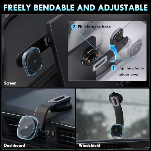 Image of Coverado 15W Magsafe Car Mount Charger for QI2, Wireless Charger Car Phone Holder with Adjustable Aluminum Alloy Arm, Magnetic Phone Holder Suction Cup Mount for iPhone 16 /15 /14 /13