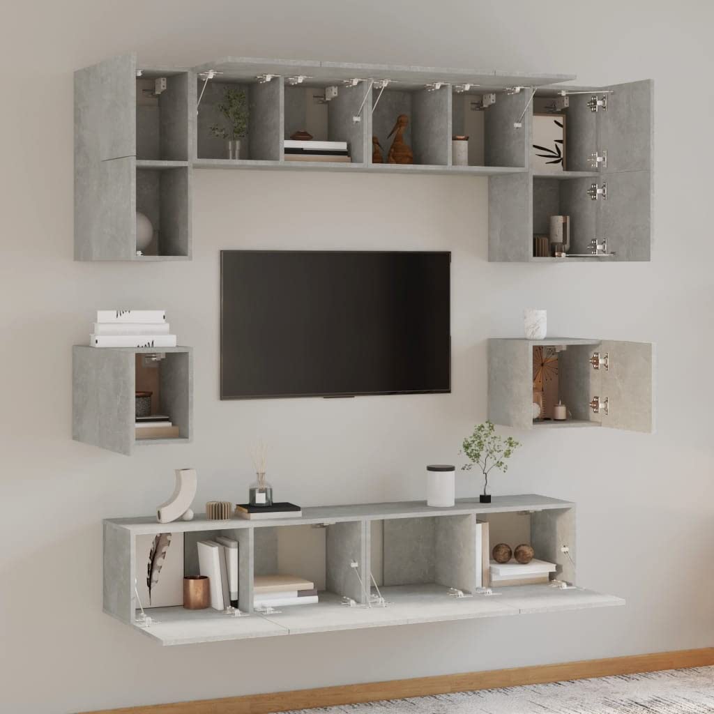 8-TLG. TV-Schrank-Set Betongrau, Holzwerkstoff, Wandmontage, Stauraum für Wohnzimmer, Media Center, modernes Design