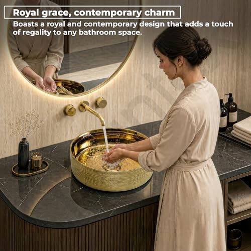 Image of Plantex Ceramic Washbasin /Tabletop Wash Basin /Countertop Vessel Sink for Bathroom /Livingroom Decor - Indo-European Collection (Gold -14.4 x 14.4 x 5 Inch)
