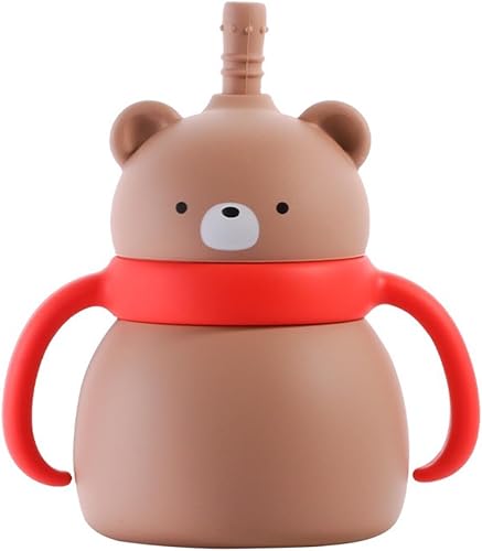 PandaEar Taza de entrenamiento de silicona para bebés con asas y popote, sin BPA, a prueba de fugas para bebés y niños pequeños, 6.8 onzas (oso
