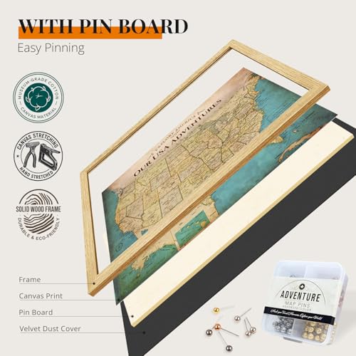 Image of DECORARTS - Oversized Personalized Push Pin Travel Map USA, Custom Name, Pin Board Canvas Wall Art, Antique Old United States Decor, Optional Wood Frame, Giclee Print, Handcrafted in USA, 40x30''