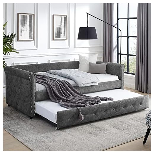 PKUGU Daybed Frame with Trundle, Futon Sofa Bed Couch, Pull Out Couch Bed Sleeper Sofa, Convertible Pullout Sofa Bed, Reclining Loveseat Sofa Sleeper Recliner, Twin Size Seat Day Bed, Gray Color