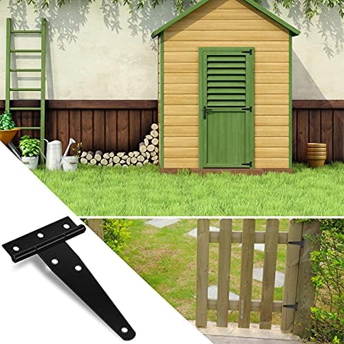 2 Pieces T-Hinge Black, 4 Inch Tee Shed Hinge Set T-Strap Hinges Metal Gate Shed Hinges with 12 Screws Heavy Duty T Hinge Tee Hinge for Gates Shed Doors Windows Fence Garden Storage Rooms