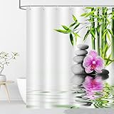 OCEUMACO: 120 x 200 cm / 47 x 78 pouces (Largeur x Hauteur). Chaque colis comprend 1 rideau de douche zen et 12 crochet/anneaux en plastique résistants. Le joli motif 3D de fleur orchidée, bambou vert et galet pierre, représente un thème Zen/Spa.