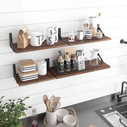 Image of YGEOMER Floating Shelves for Wall, Different Sizes Dark Carbonized Pine Wall Shelves for Living Room, Bathroom, Bedroom, Kitchen, Home Decor (Set of 4)