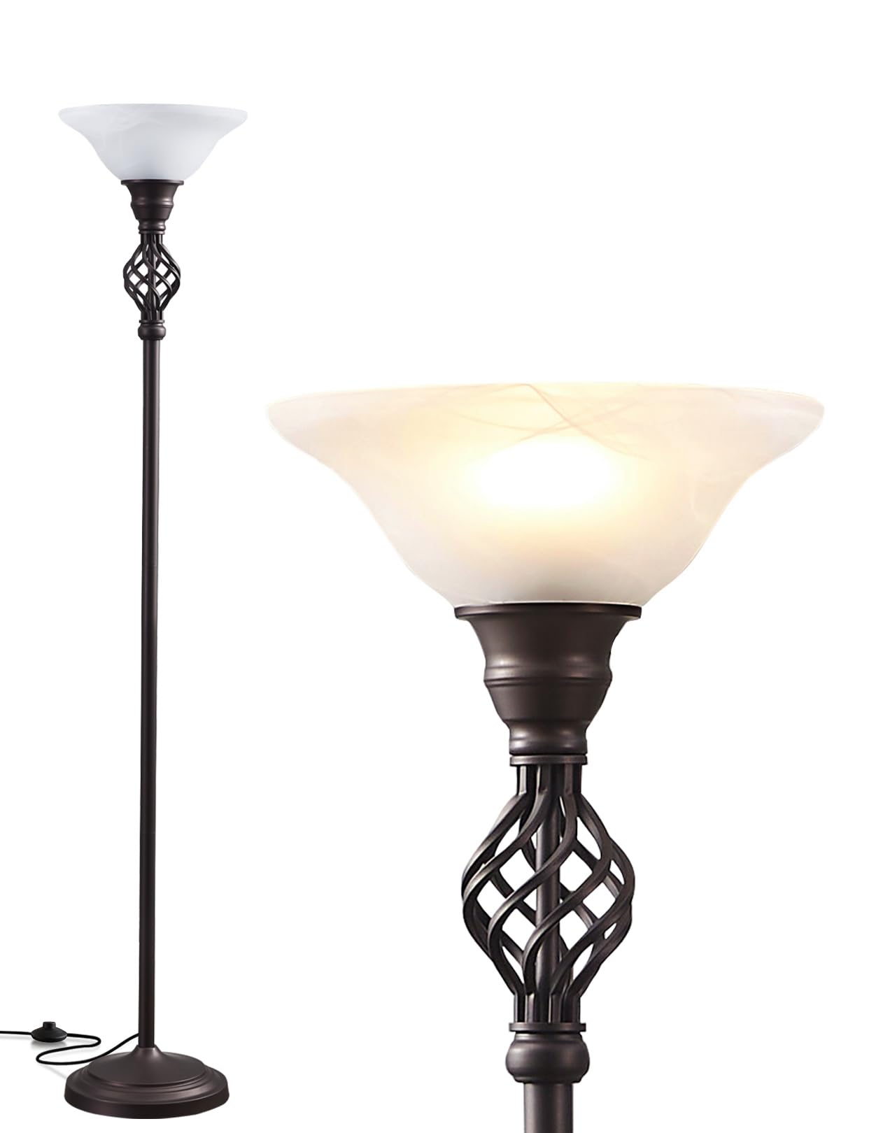 GyroVu Torchiere Floor Lamp for Living Room, LED Standing Reading Light for Bedroom with Glass Shade for Living Room Corner Bedroom Home Office,Bulbs Included (Red Brown,Glass 1 Head)