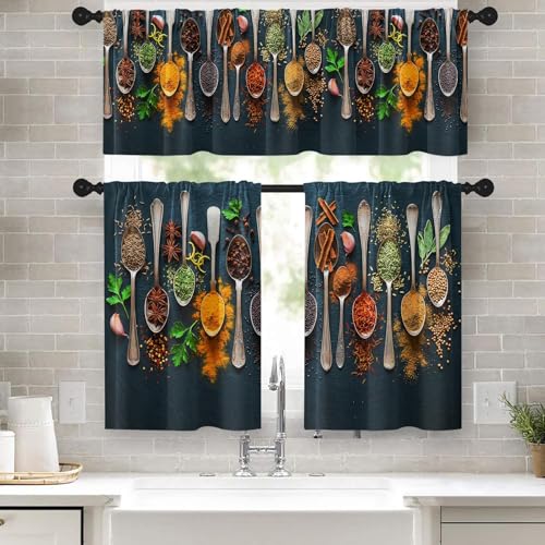 Tayney Kitchen Window Curtains Valance and Tier Set 36 Inch, Spices and Herbs Artistic Cooking Rod Pocket Short Tier Curtain for Bathroom, Colorful Small Cafe Drapes for Kitchen Decor