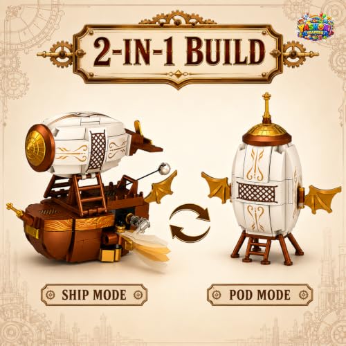 Image of Yashoni Airship Building Blocks Set - 185 Pcs Steampunk 2-in-1 Model Kit | Pull String Propeller Action, STEM Construction Toy for Kids 6+ Boys & Girls | Educational 3D Building Kit, Gift