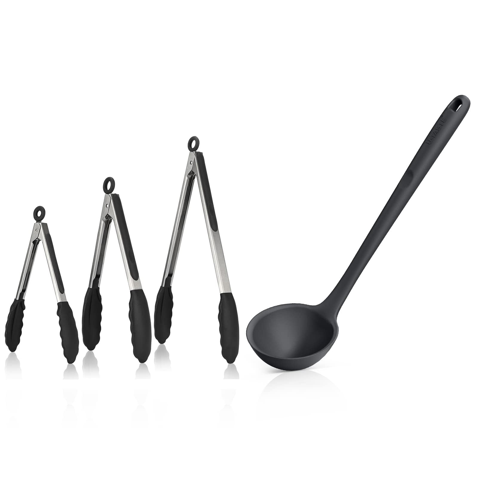 U-Taste 600ºF High Heat-Resistant Non-Stick Kitchen Cooking Tongs, and 600ºF Heat Resistant 13 inch Large Non-Stick Silicone Soup Ladle (Black)