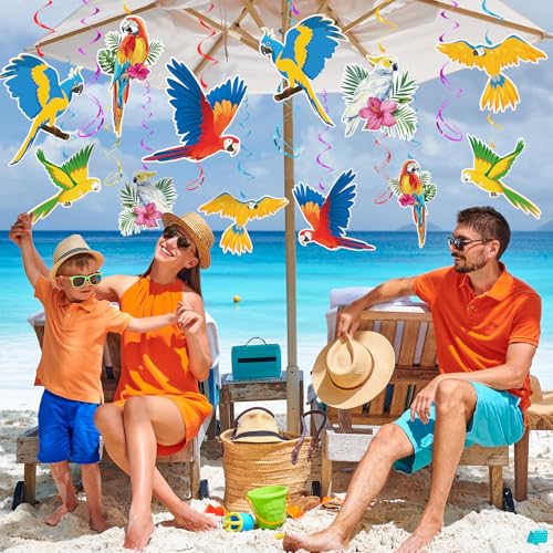 Image of Tropical Birds Hanging Swirls Decorations, 30 Pcs | Hawaiian Toucan Parrot Hanging Swirl Foil Ceiling Decor for Hawaiian Luau Tiki Bar Jungle Rainforest Summer Beach Pool Party