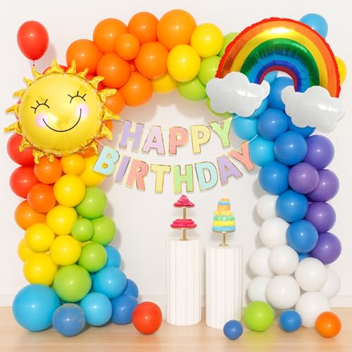 Image of Rozi Decoration Happy Birthday Rainbow Balloon Decoration Kit with Sun & Rainbow Foil Balloons | Multicolor Balloon Arch Set with Paper Banner | Kids Birthday Party Decoration Pack of 54 Pcs