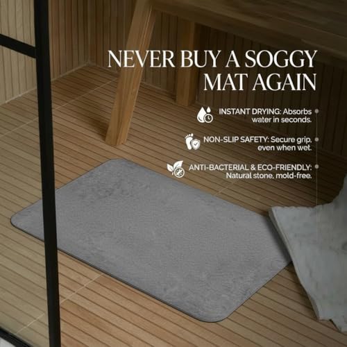 Image of Stone Bath Mat | Diatomaceous Earth Non-Slip Quick Drying Bathroom Floor Mat | Super Absorbent Bathtub & Shower Mat | Odor Free, Safe & Clean for Bathroom & Kitchen (Dark grey, 29.5 x 39.5 cm)