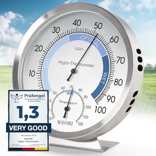 MAVORI Analog Hygrometer – Thermometer Hygrometer for Indoor – Premium Stainless Steel Humidity Gauge Indicator – Temperature and Humidity Monitor – Battery Free Operation – Ø 12.5 cm