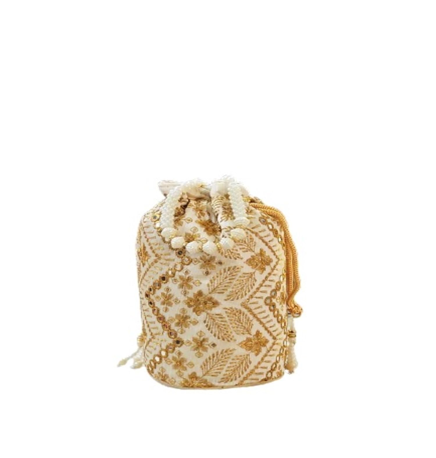 White Freshwater Pearl Handle Drawstring Potli Bag, Silver Glitter, Gold Accents Modern Wedding Purse Wristlet, Bucket Style, Evening Clutch-image-0