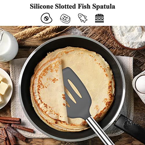 Silicone Spatula Turner, 2 Pack Heat Resistant Slotted Spatula Solid Turner for Cooking, BPA Free Large Black Silicone Spatula Kitchen Utensils for Baking Non Stick Cookware, Dishwasher Safe,Grey - Image 4