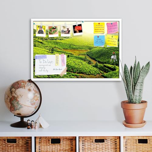 Image of ArtzFolio Tea Plantations, Munnar, Kerala | Bulletin Board Notice Pin Board | Vision Soft Board Combo with Thumb Push Pins & Sticky Notes | White Frame | 36 x 24 inch (91 x 61 cms)
