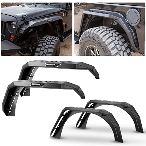 Fender Flares for Jeep 2007-2018 Wrangler JK | 4WD 2WD | with LED DRL Lights and Sequential LED Turn Light, HAWKLEY Offroad Steel Front Rear Fender Flares For 07-18 Wrangler JKU Unlimited