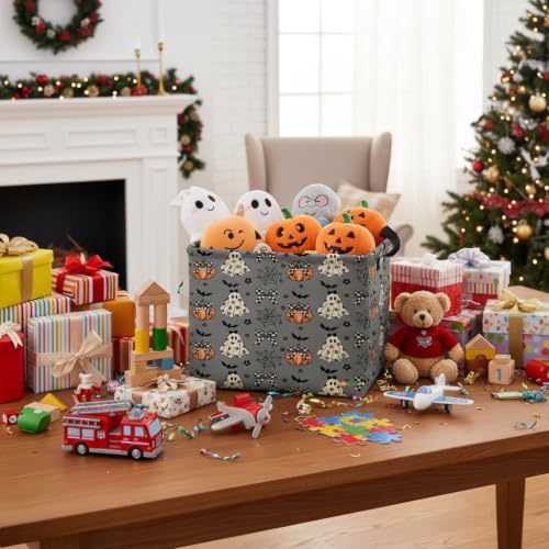 Image of Halloween Basket Gift Cute Pumpkin Ghost Parties Decor Kid Trick or Treat Basket for Boys and Girls Rectangular Storage Bin Box (Black and White Checkered Bow Bat)