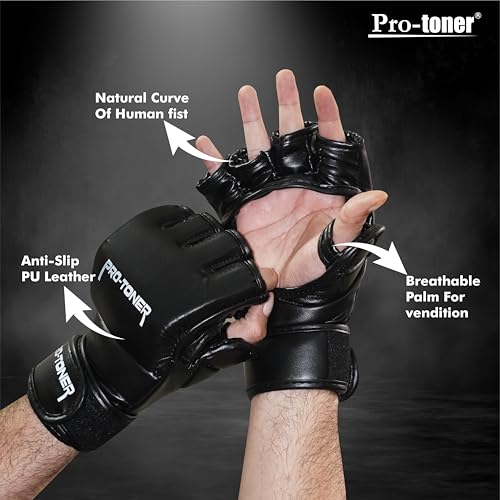 Image of Protoner Martial Arts Training Gloves - MMA Kickboxing Grappling Gloves with Thich Pad | All in One Kickboxing,Boxing, Street Fight, Mitts | (MMA Black)