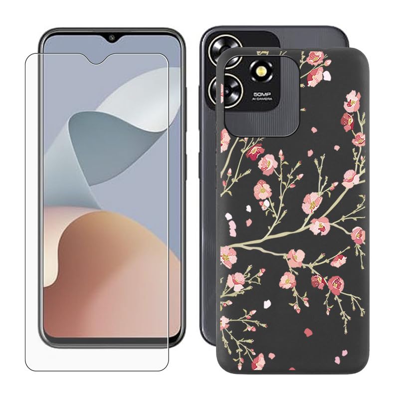 IJTYHF Cover for ZTE Blade A73 (6.52 inch) Case + Screen Protector?Tempered Glass 9H Hardness Protective Film and Soft Silicone Bumper Shell Black TPU Phone case -Peach Blossom
