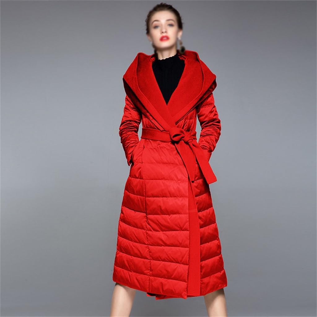 Women's Down Jacket Mid-length Thin and Slim Type Lace-up Splicing Hooded