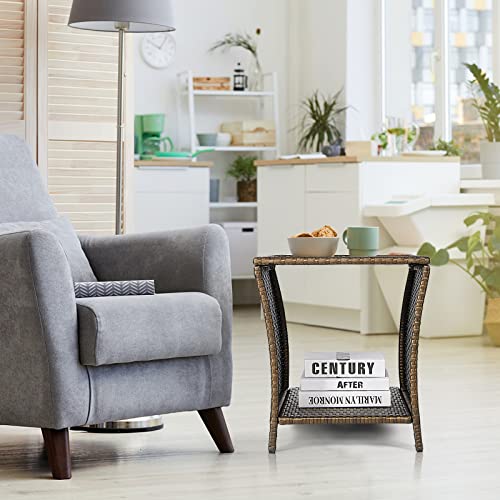 Wicker Side Table Porch Square Side Coffee Table With Glass Top And Storage Small End Tables Outdoor Porch Sofa Tables Or Patio Lawn Balcony Pool Decoration Gold #TOP4