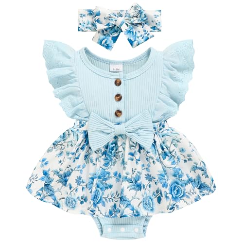 Image of Sinhoon Baby Girl Clothes Newborn Ruffled Sleeveless Romper Floral Dreesy Bodysuit Heaedband 3pcs Baby Girl Summer Clothes