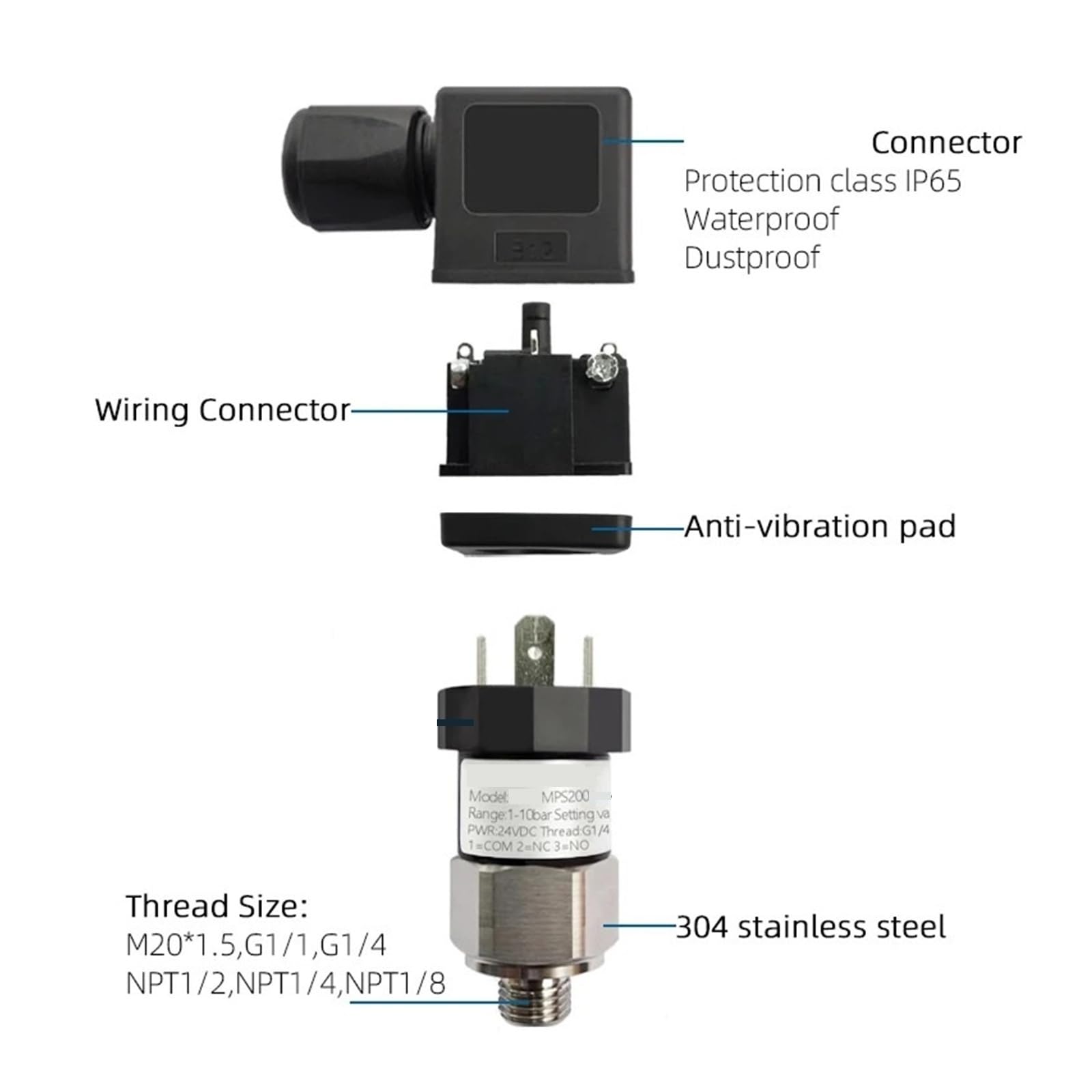 Interruptor de presión mecánico ajustable, controlador membrana pistón diafragma acero inoxidable for sistema neumático bomba agua 1 ud